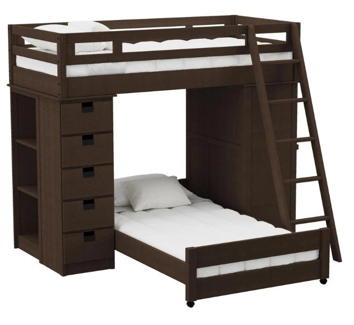 Elements International Cali Kids Twin Over Twin Super Loft Bed and Ladder with Desk and Storage in Brown