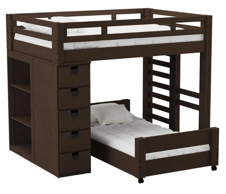 Elements International Cali Kids Twin Over Twin Bookcase Loft Bed in Brown