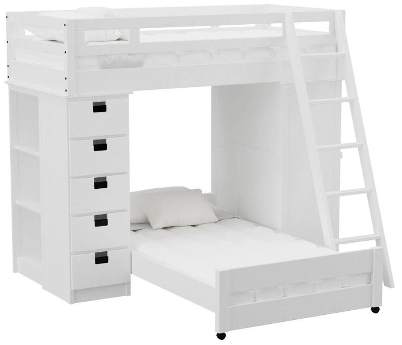 Elements International Cali Kids Twin Over Twin Super Loft Bed and Ladder with Desk and Storage in White