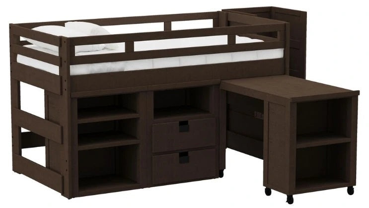 Elements International Cali Kids Full Junior Loft Bed with Staircase, Storage and Desk in Brown