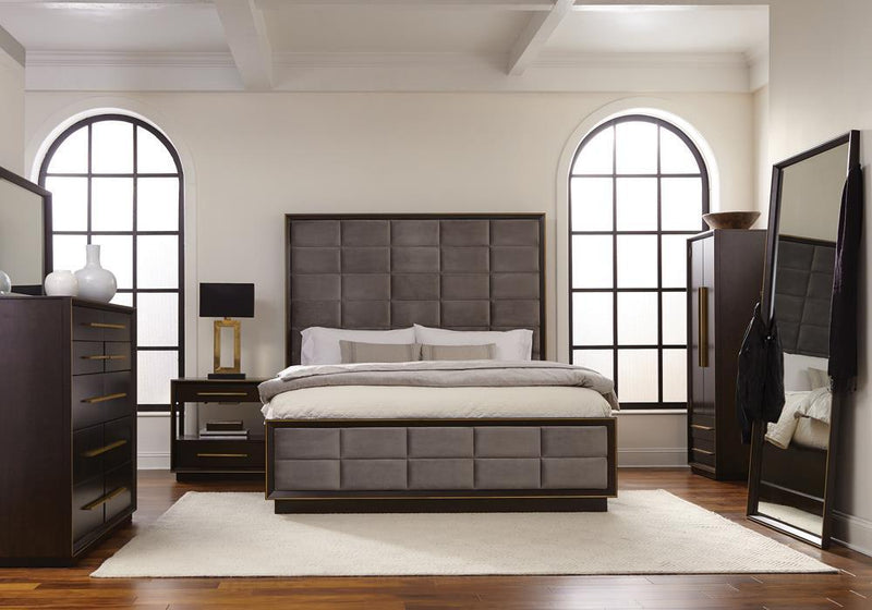 Durango California King, Eastren King, & Queen Upholstered Bed Smoked Peppercorn and Grey