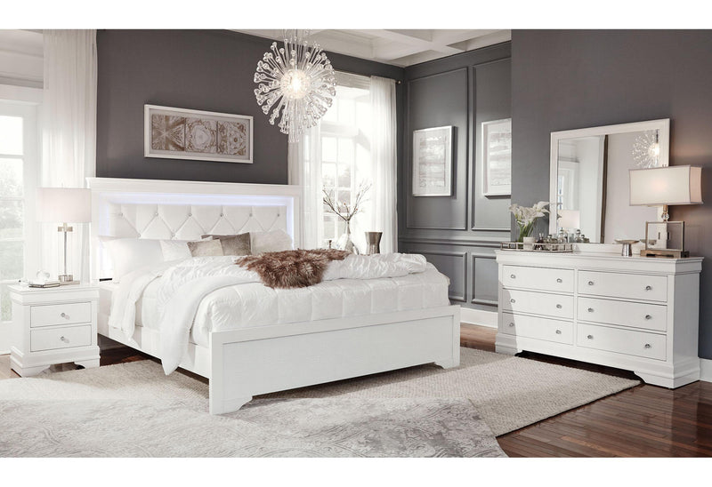 POMPEI METALLIC WHITE KING BED GROUP WITH LED