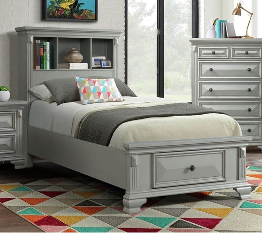 Elements International Calloway Grey Queen Bookcase Storage Bed in Grey