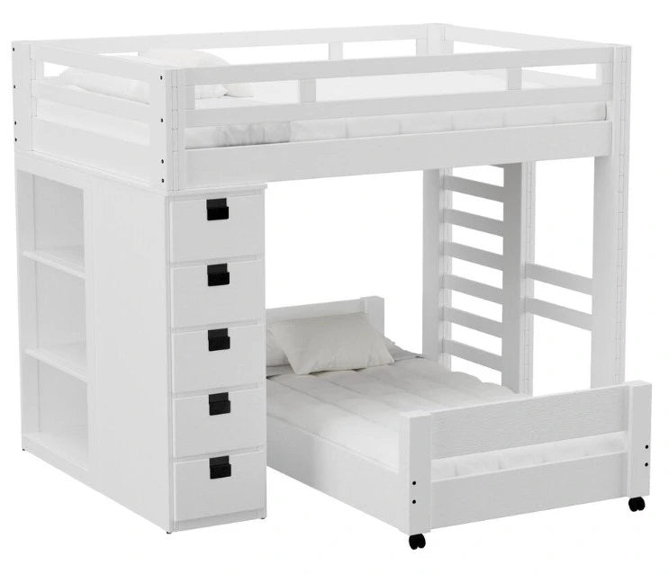 Elements International Cali Kids Twin Over Twin Bookcase Loft Bed in White