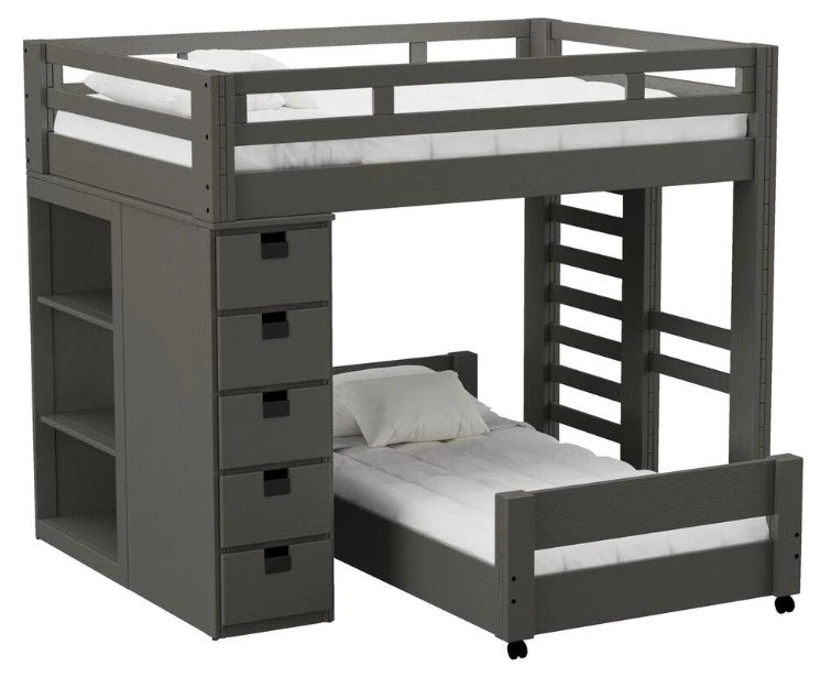 Elements International Cali Kids Twin Over Twin Bookcase Loft Bed in Sleek Gray