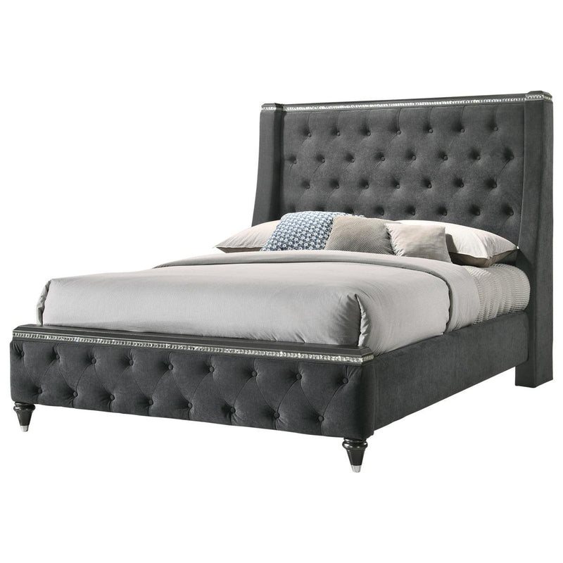 Crown Mark Giovani Queen Upholstered Wing Panel Bed in Dark Silver