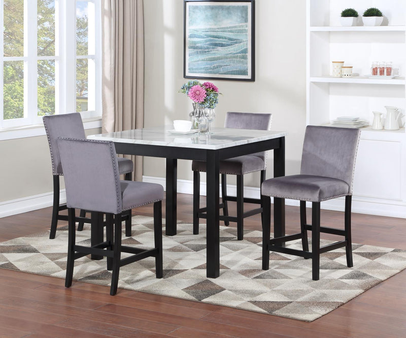 WHITE MARBLE DINING TABLE W/ 4 GRAY VELVET CHAIRS
