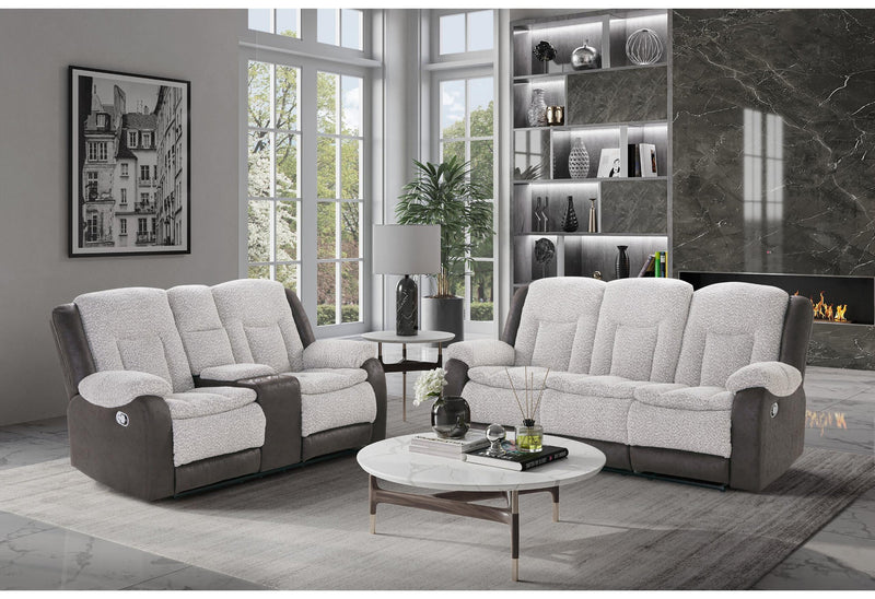 U4377 GREY/BROWN RECLINING SOFA WITH DROP DOWN TABLE/CONSOLE RECLINING LOVESEAT