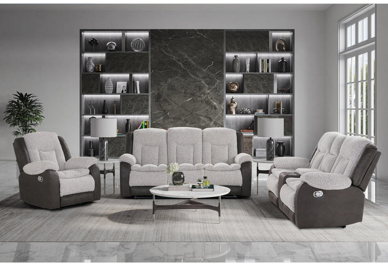 U4377 GREY/BROWN RECLINING SOFA WITH DROP DOWN TABLE/CONSOLE RECLINING LOVESEAT/GLIDER RECLINER