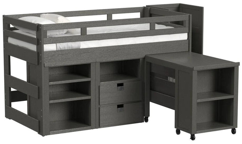 Elements International Cali Kids Twin Junior Loft Bed with Staircase, Storage and Desk in Sleek Gray