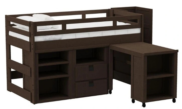 Elements International Cali Kids Twin Junior Loft Bed with Staircase, Storage and Desk in Brown