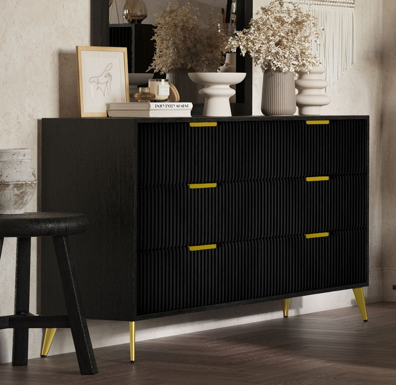 New Classic Furniture Kailani Wood 6-Drawer Dresser with Mirror, Black