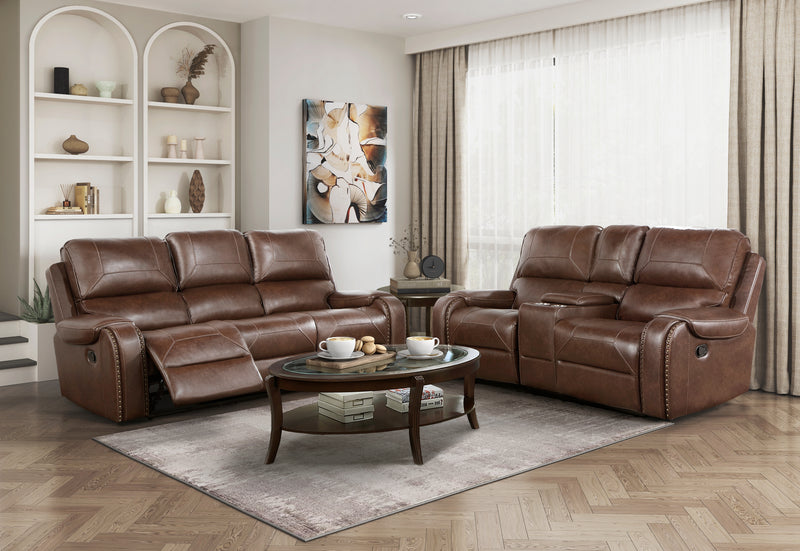 Home Elegance Newnan Brown Double Reclining Sofa with Drop Down Cup Holders