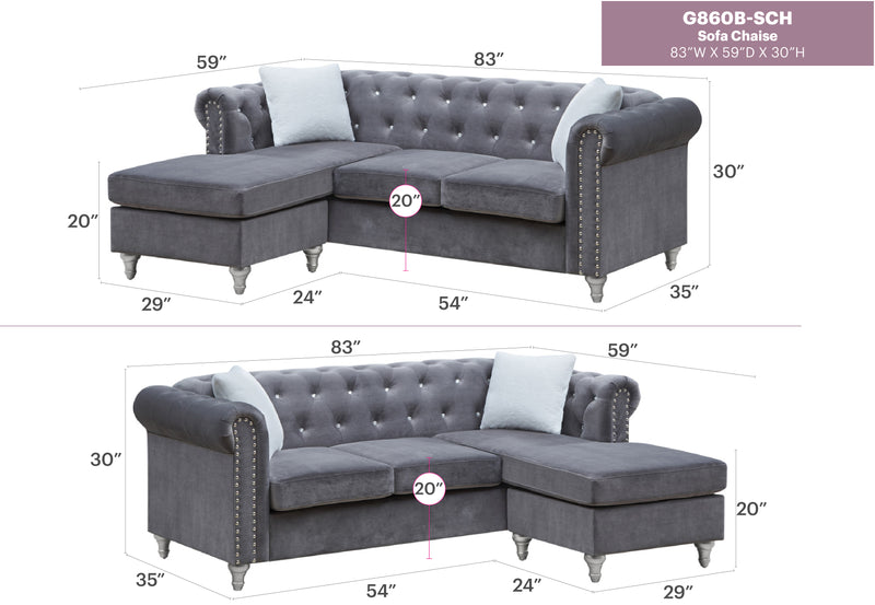 Glory Furniture Raisa Gray Velvet Sofa Chaise