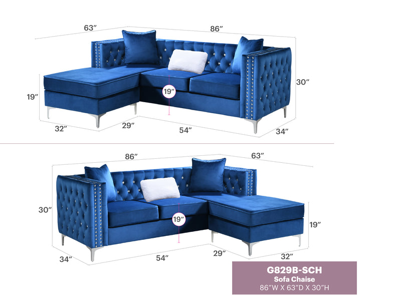 Glory Furniture Paige Gray Velvet Sofa Chaise