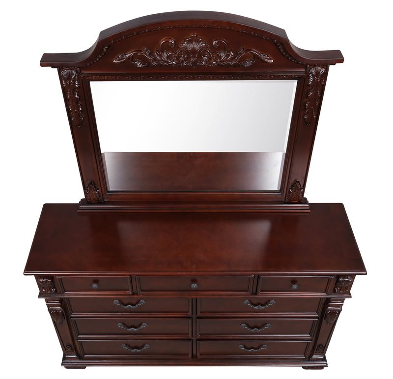 Glory Furniture Lyndon Cherry 9 Drawer Dresser and Mirror