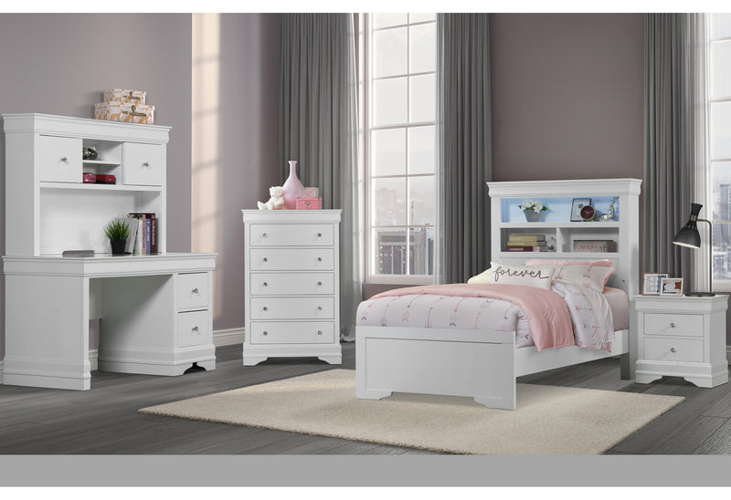 Global Furniture Pompei White 5pc Twin Bookcase Bedroom Set with Desk and Hutch