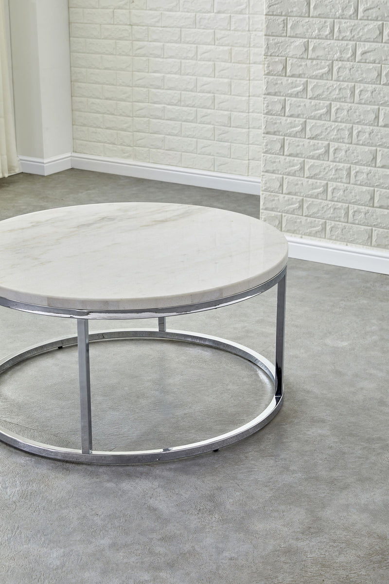 Steve Silver Echo Chrome White Marble Top Round Cocktail Table