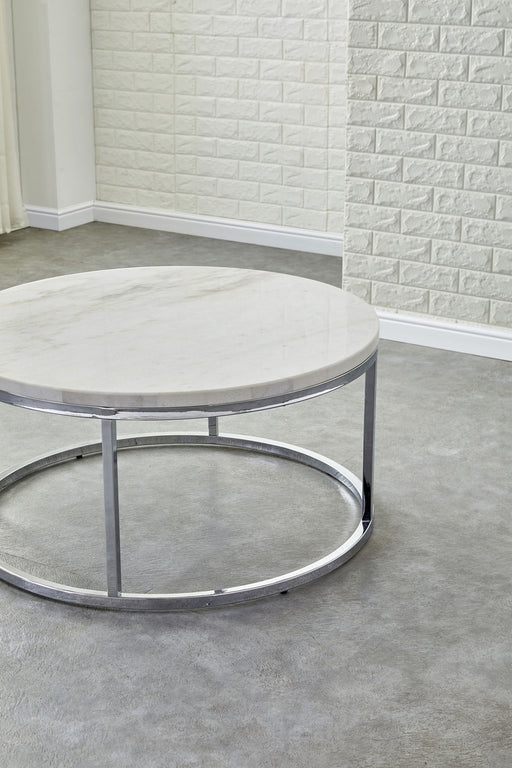 Steve Silver Echo Chrome White Marble Top Round Cocktail Table
