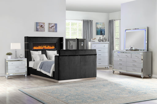 Galaxy Home Lavish Black 5pc Queen Bedroom Set With Fireplace