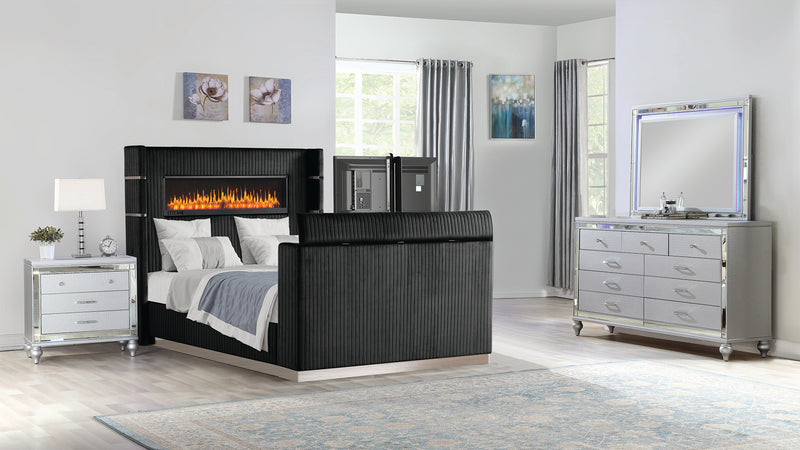 Galaxy Home Lavish Black 4pc Queen Bedroom Set With Fireplace