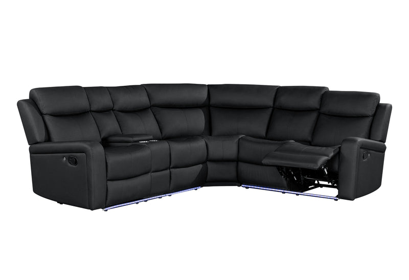 Global Furniture U6024 Black PU Sectional with LED and 2 Recliners