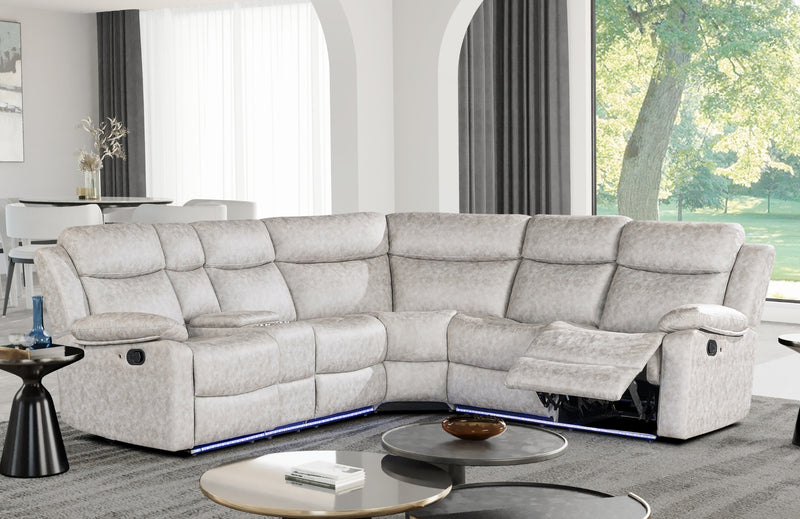 Global Furniture U6026 Light Grey Sectional with LED and 2 Recliners