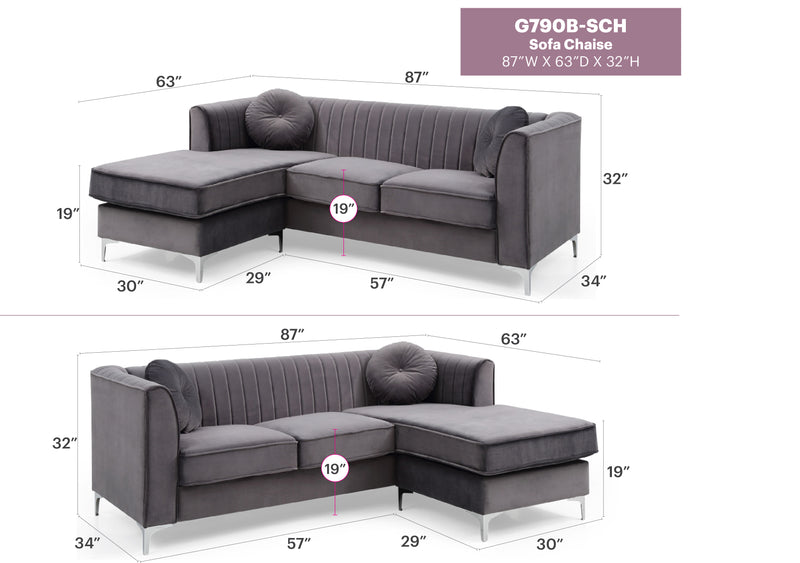 Glory Furniture Delray Ivory Velvet Microsuede Sofa Chaise