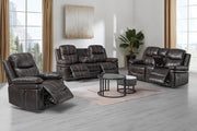 New Classic Furniture Kellen Brown Sofa with Dual Recliner and Drop Down Tray