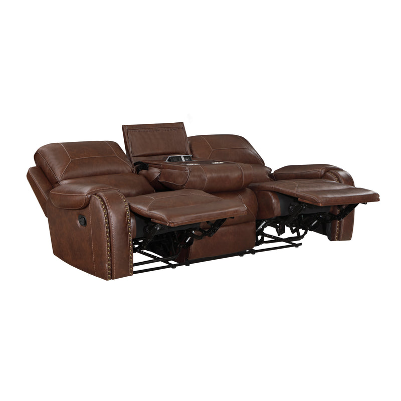 Home Elegance Newnan Brown Double Reclining Sofa with Drop Down Cup Holders