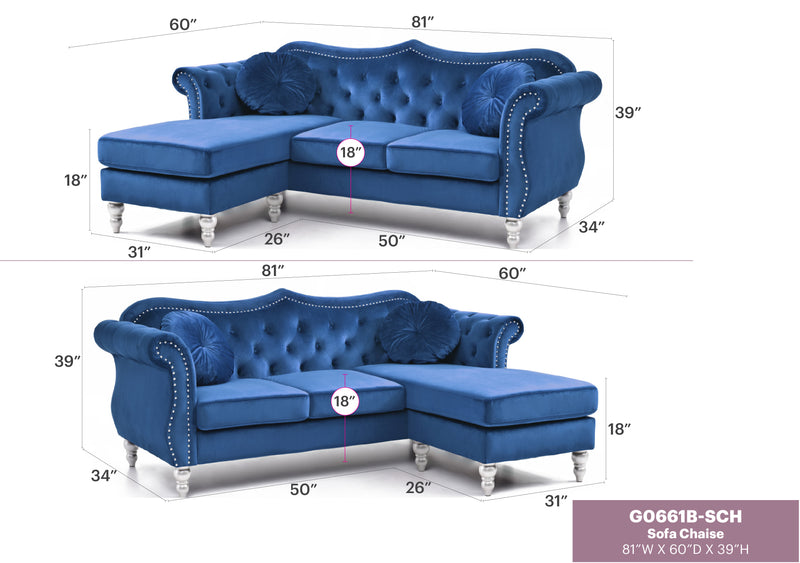 Glory Furniture Hollywood Navy Blue Sofa Chaise