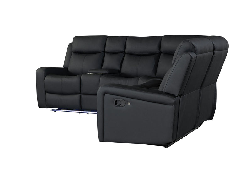 Global Furniture U6024 Black PU Sectional with LED and 2 Recliners