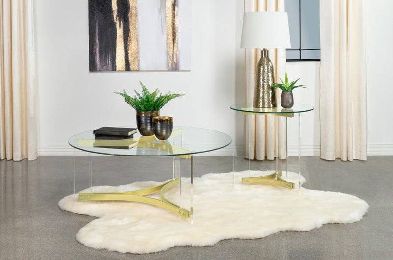 Coaster Furniture Janessa Clear Matte Brass 3pc Coffee Table Set