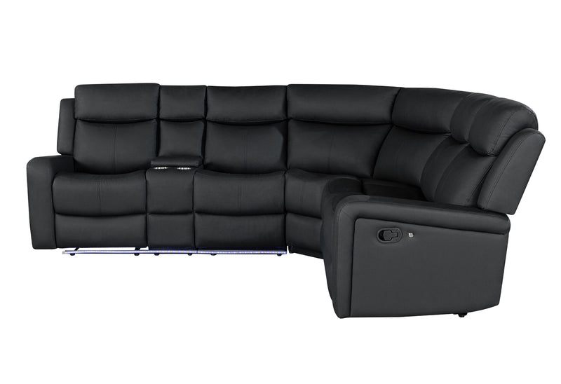 Global Furniture U6024 Black PU Sectional with LED and 2 Recliners