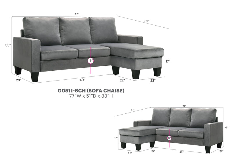 Glory Furniture Jessica Gray Velvet Sofa Chaise