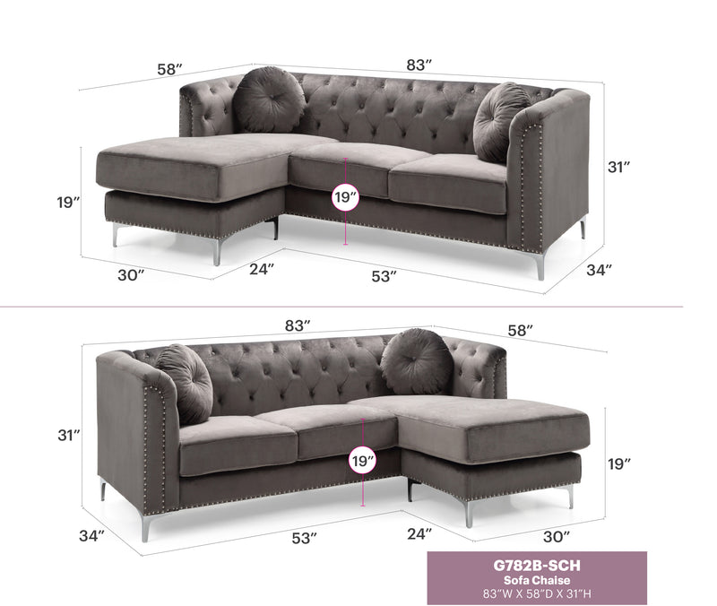 Glory Furniture Pompano Dark Gray Velvet Sofa Chaise