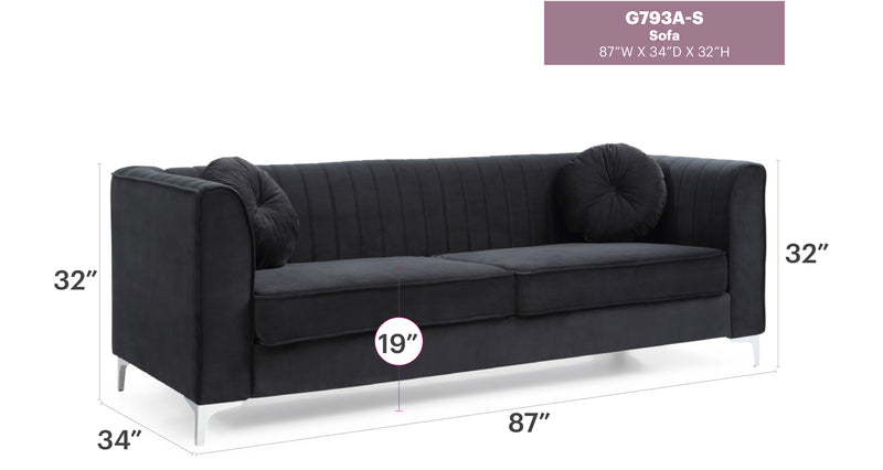 Glory Furniture Delray Black Velvet Microsuede Sofa
