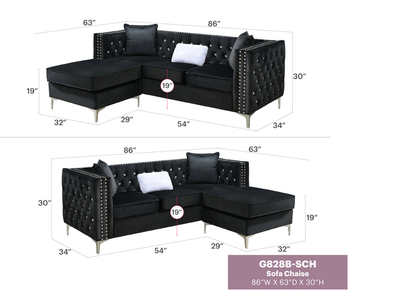 Glory Furniture Paige Pink Velvet Sofa Chaise