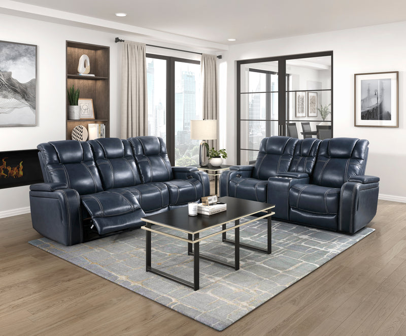 Home Elegance Keziah Blue Power Double Reclining Sofa with Headrests