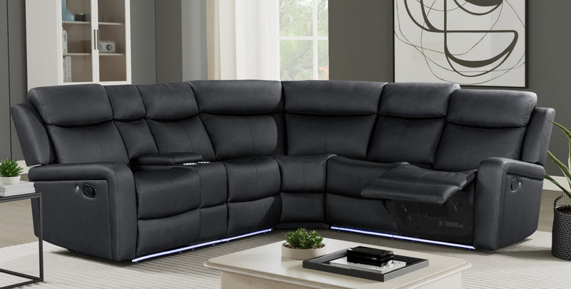 Global Furniture U6024 Black PU Sectional with LED and 2 Recliners