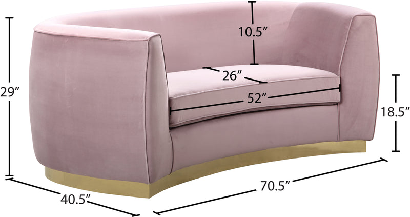 Meridian Furniture Julian Pink Velvet Gold Loveseat