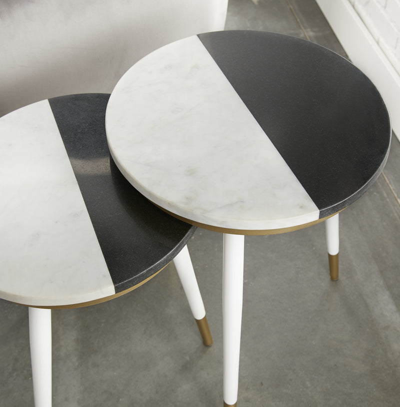 Steve Silver Taj Black White 2pc Marble Top Side Tables