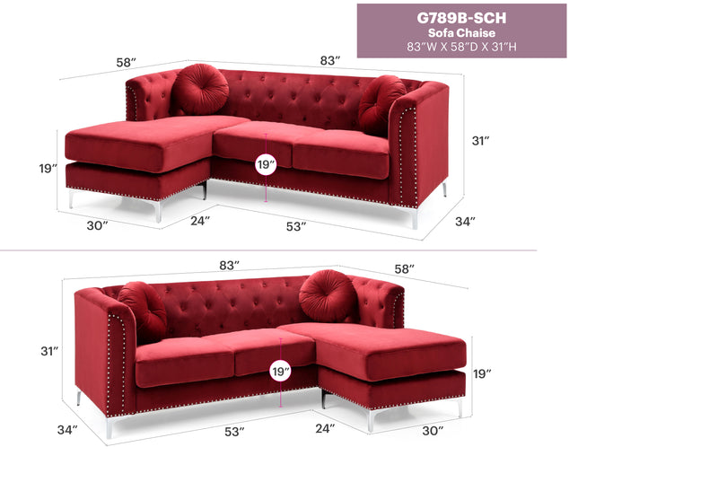 Glory Furniture Pompano Dark Gray Velvet Sofa Chaise