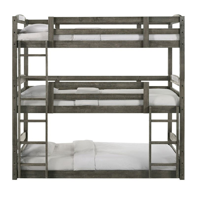 Elements International Trey Twin Over Twin Over Twin Bunk Bed in Wire Brushed Grey