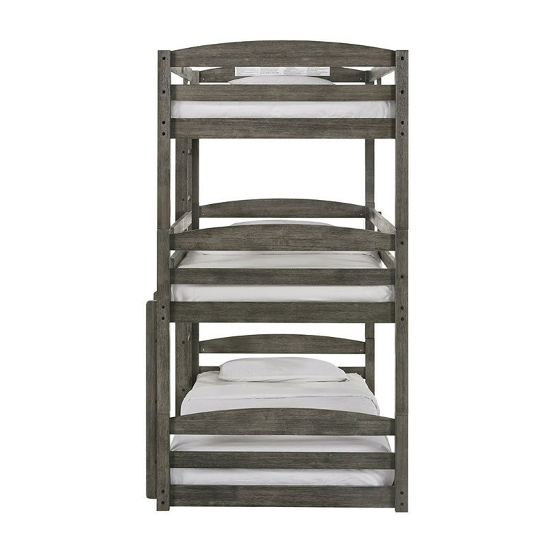 Elements International Trey Twin Over Twin Over Twin Bunk Bed in Wire Brushed Grey